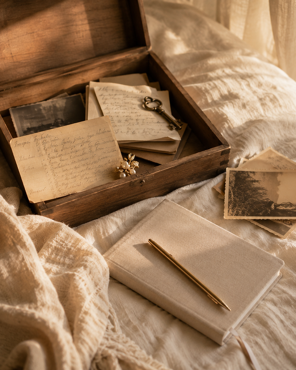 Vintage photographs, handwritten notes and an old key in a keepsake box representing learned beliefs and subconscious patterns.