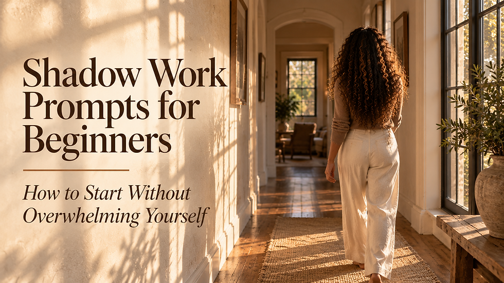 Amyra walks through natural sunlight and shadow in a warm hallway for a beginner guide to shadow work prompts without overwhelm.