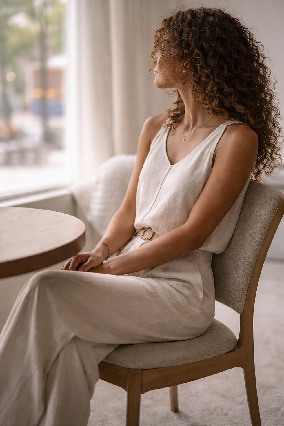 Woman sitting beside a café window in natural light, taking a quiet moment for herself and being present.