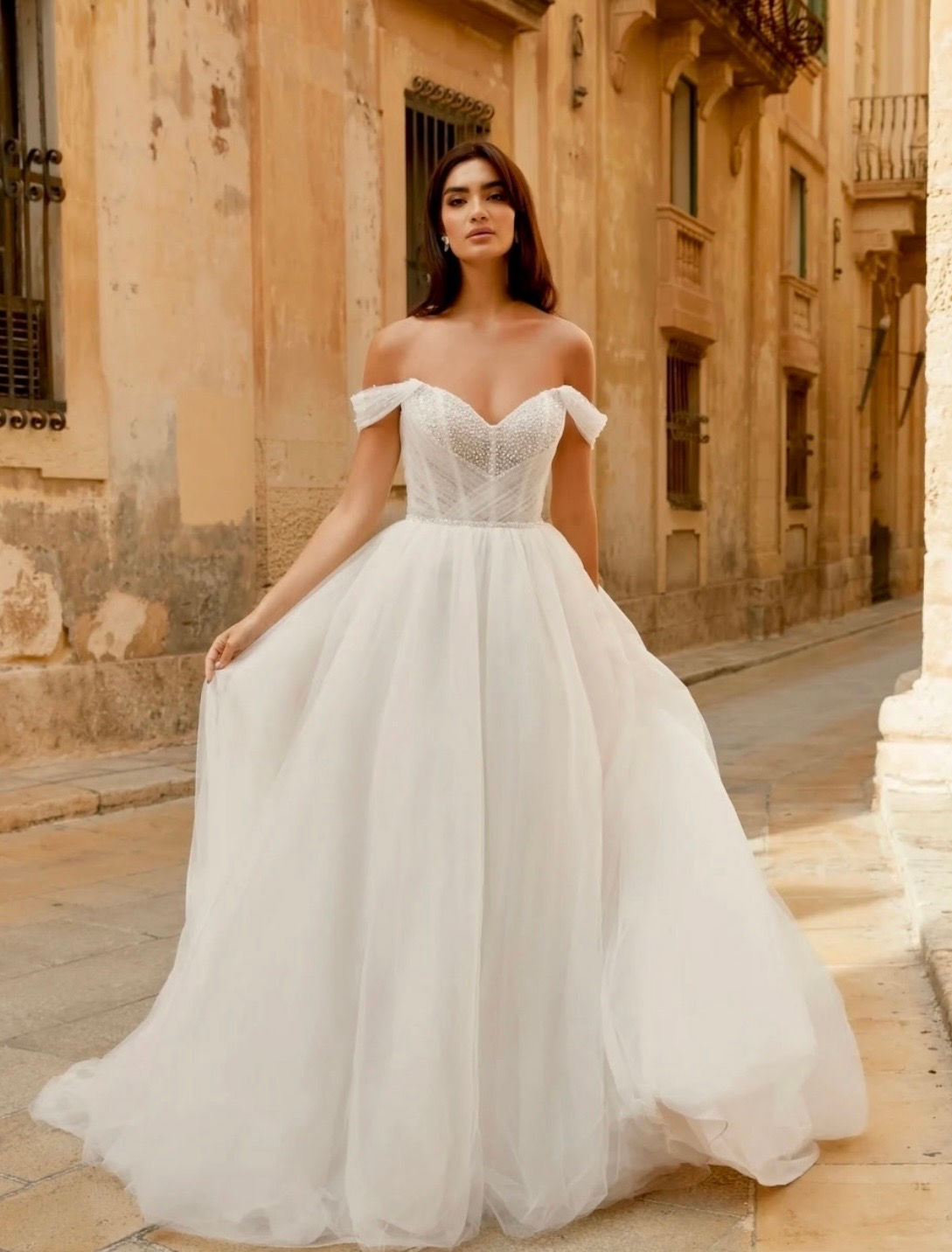 Ethereal off the shoulder wedding dress on sale now at Bex Bridal