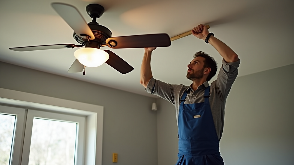 Close-up view of an electrician installing a ceiling fan
