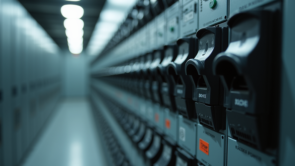 Eye-level view of electrical panel with circuit breakers