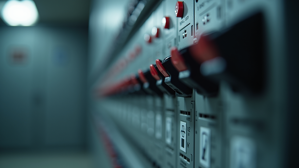 Close-up view of electrical panel with circuit breakers