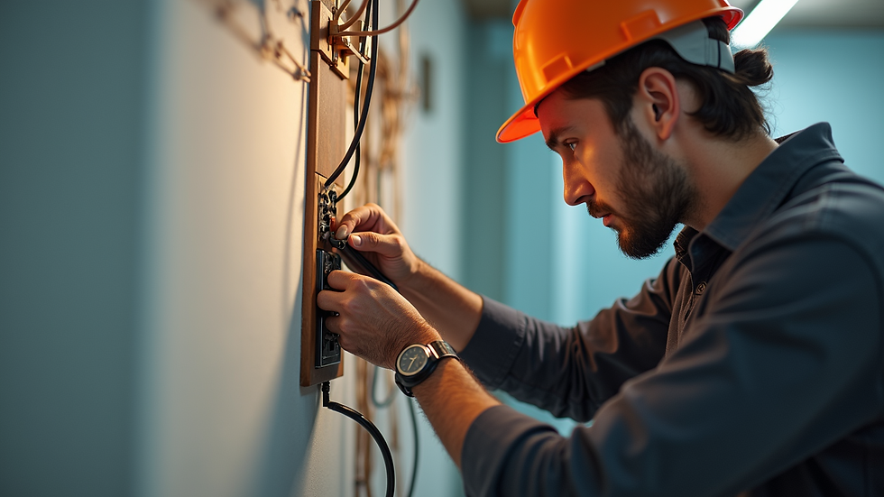 Eye-level view of electrician inspecting residential wiring
