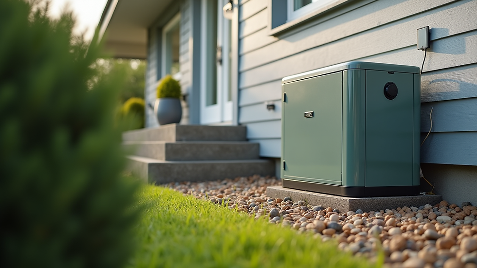 Eye-level view of a residential generator installed outside a house