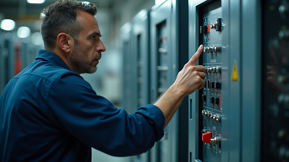 Close-up view of a technician inspecting a backup generator control panel