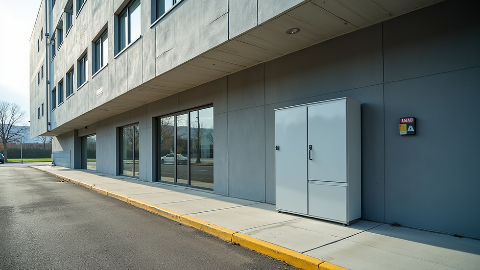 Wide angle view of commercial building exterior with electrical service entrance