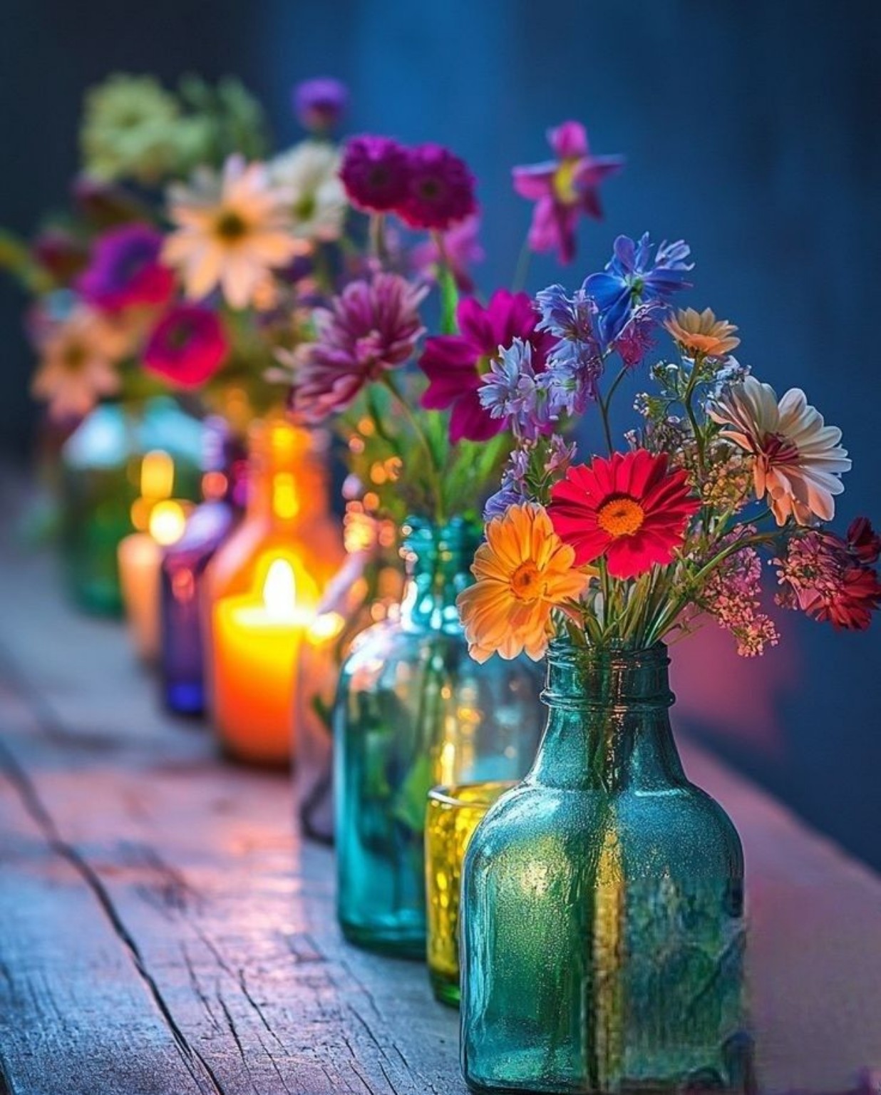 Bouquets multicolores dans des bouteilles de verre turquoise, près de bougies allumées.
