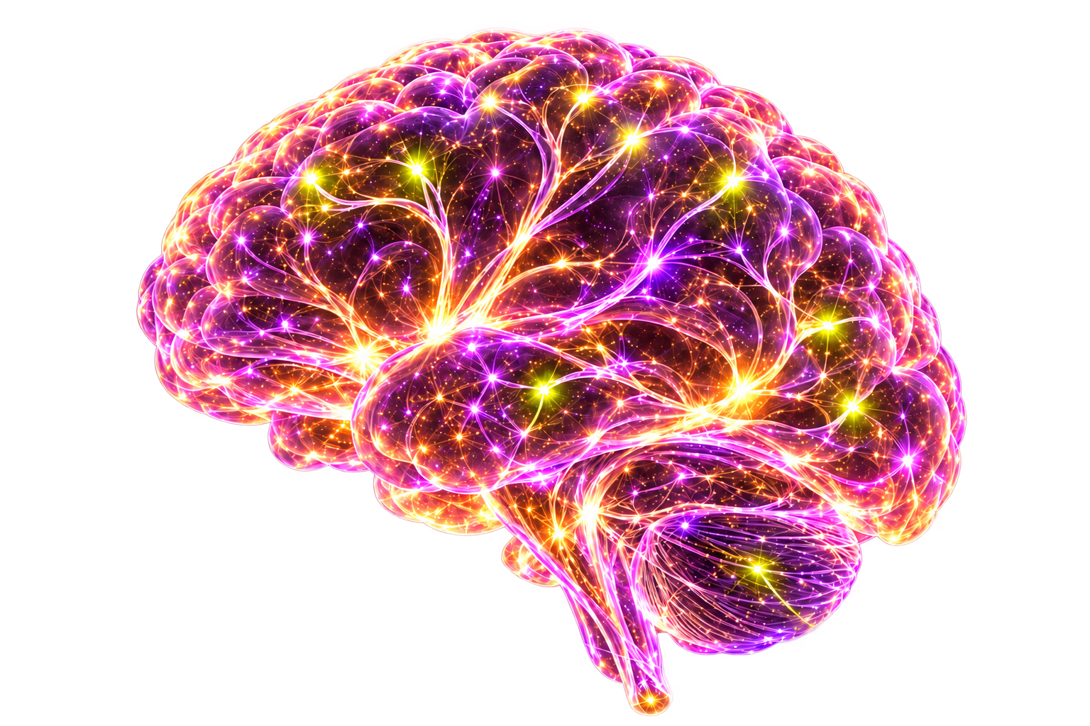Cerveau lumineux violet, rose et doré, sur fond transparent.
