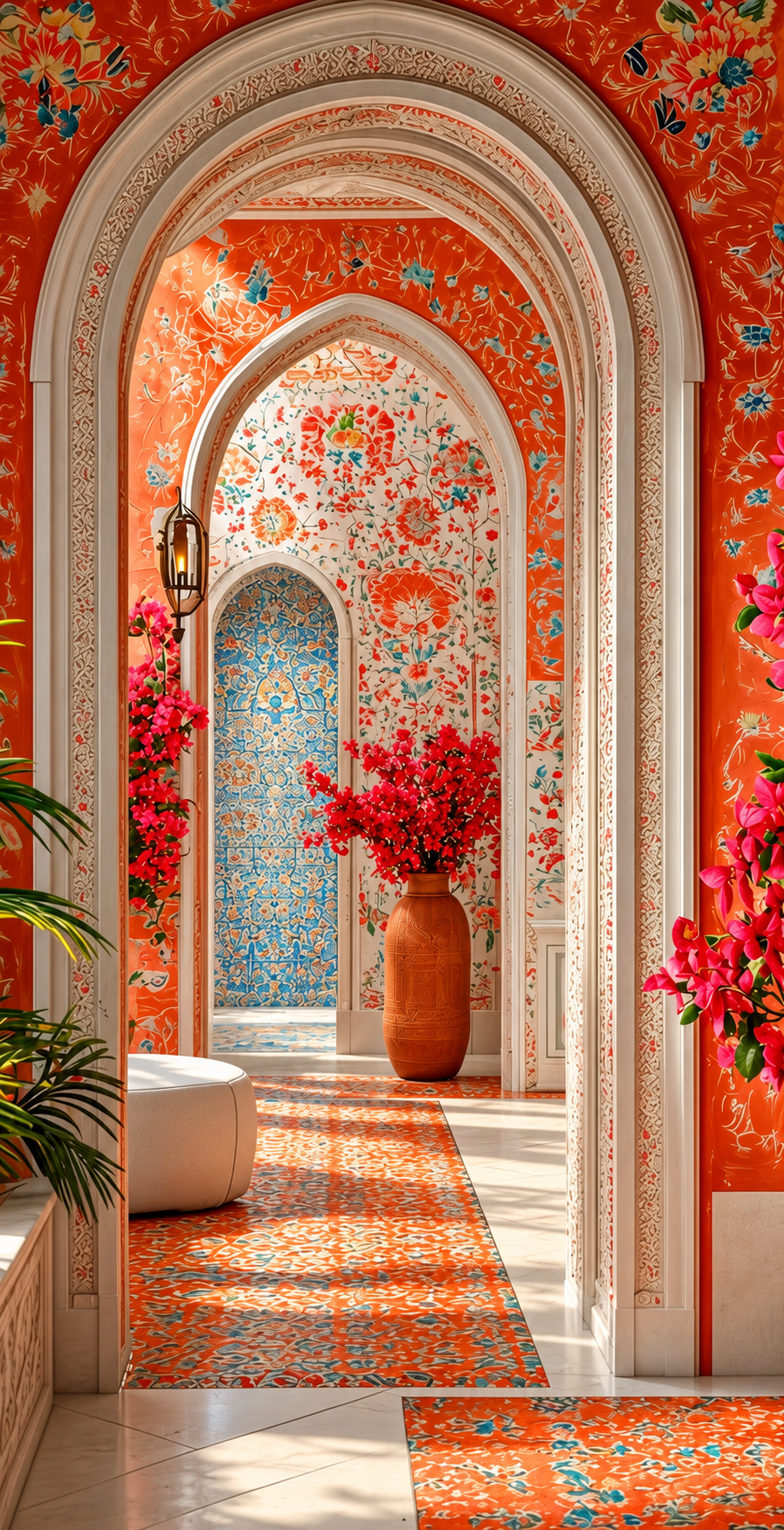 Enfilade d’arches ornées de motifs floraux orange, blancs et turquoise, avec un vase de fleurs.