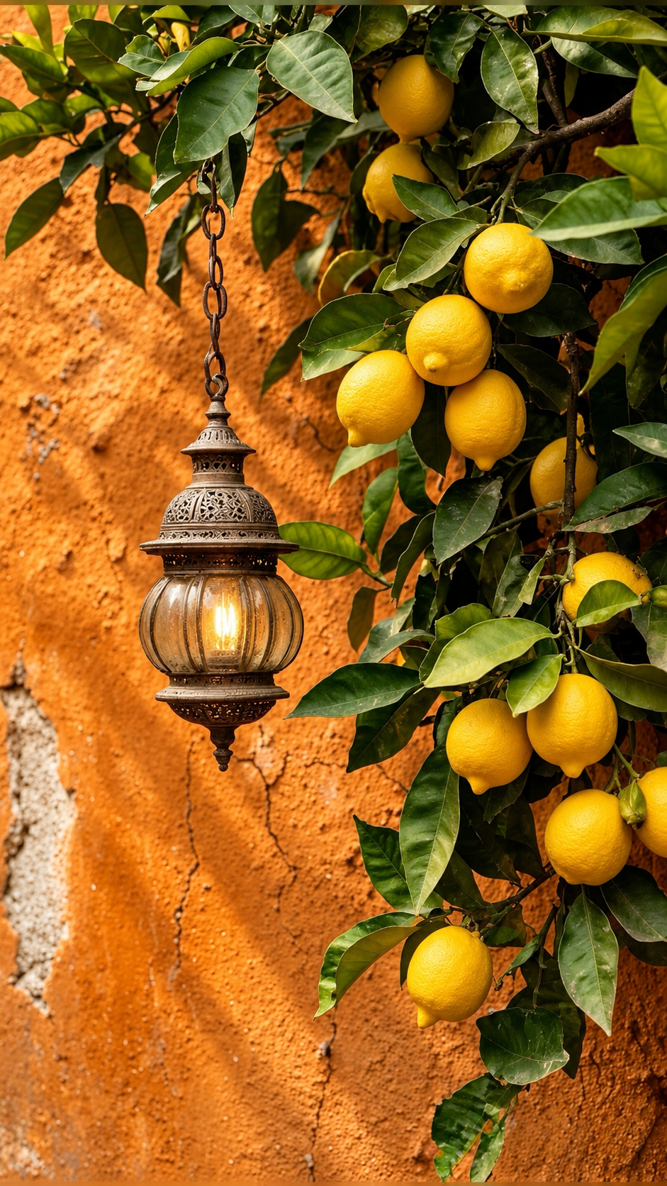Citrons jaunes et feuilles vertes près d’une lanterne suspendue devant un mur orangé.