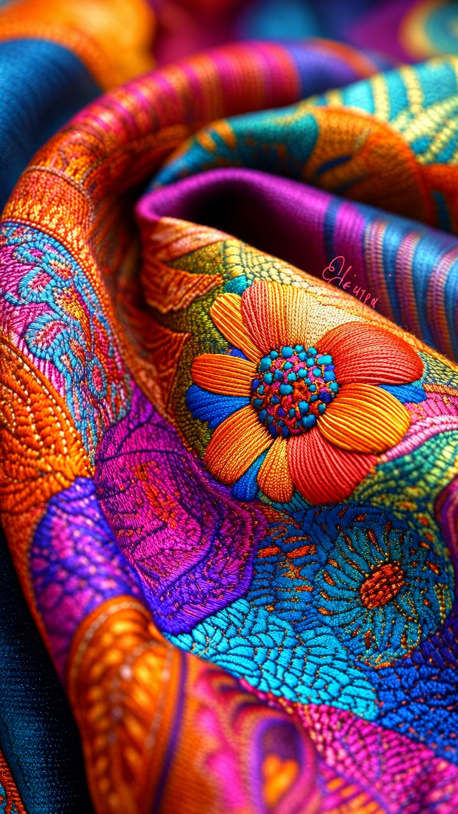 Gros plan sur une broderie florale orange, rose, bleue et violette, sur un tissu plissé.