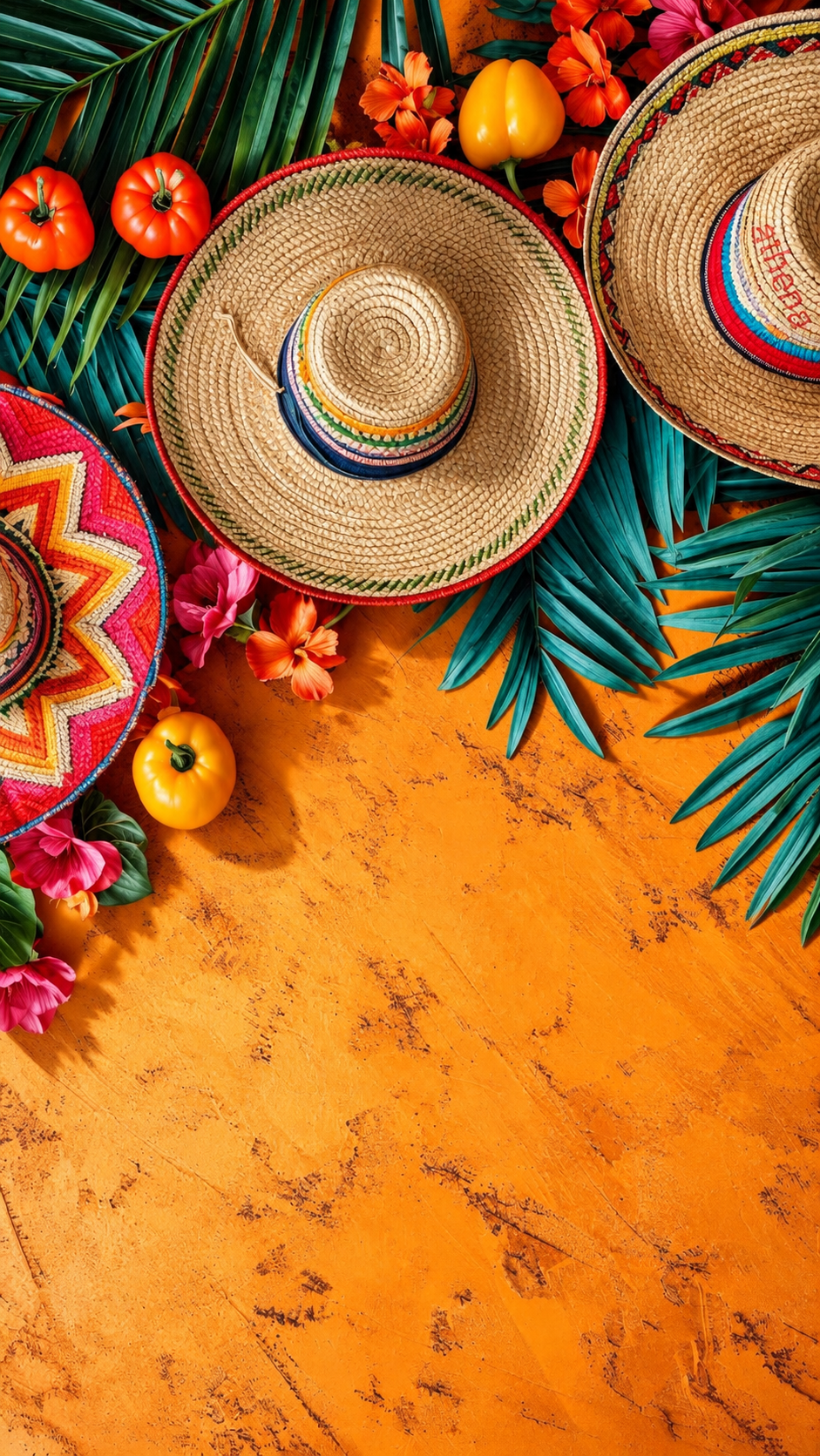 Chapeaux de paille, fleurs et feuilles tropicales sur un fond orange lumineux.