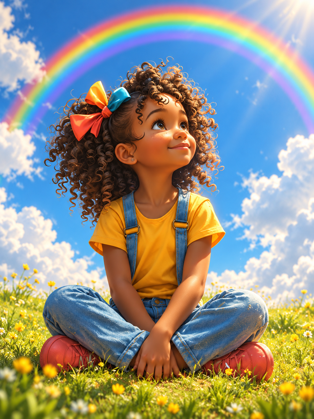 Une petite fille aux cheveux bouclés assise sous un arc-en-ciel