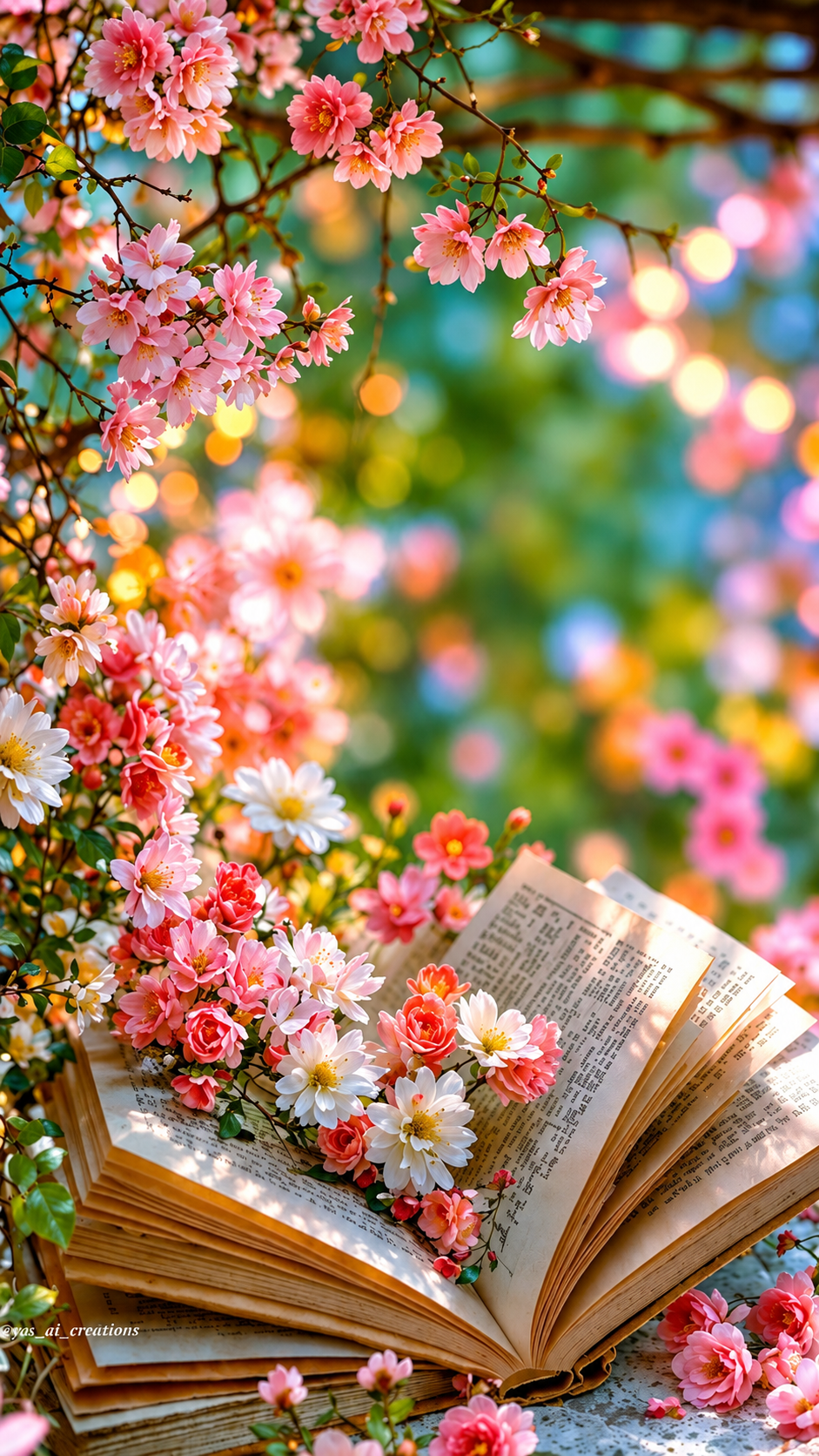 Livre ouvert entouré de fleurs roses et blanches, dans un jardin aux lumières colorées.