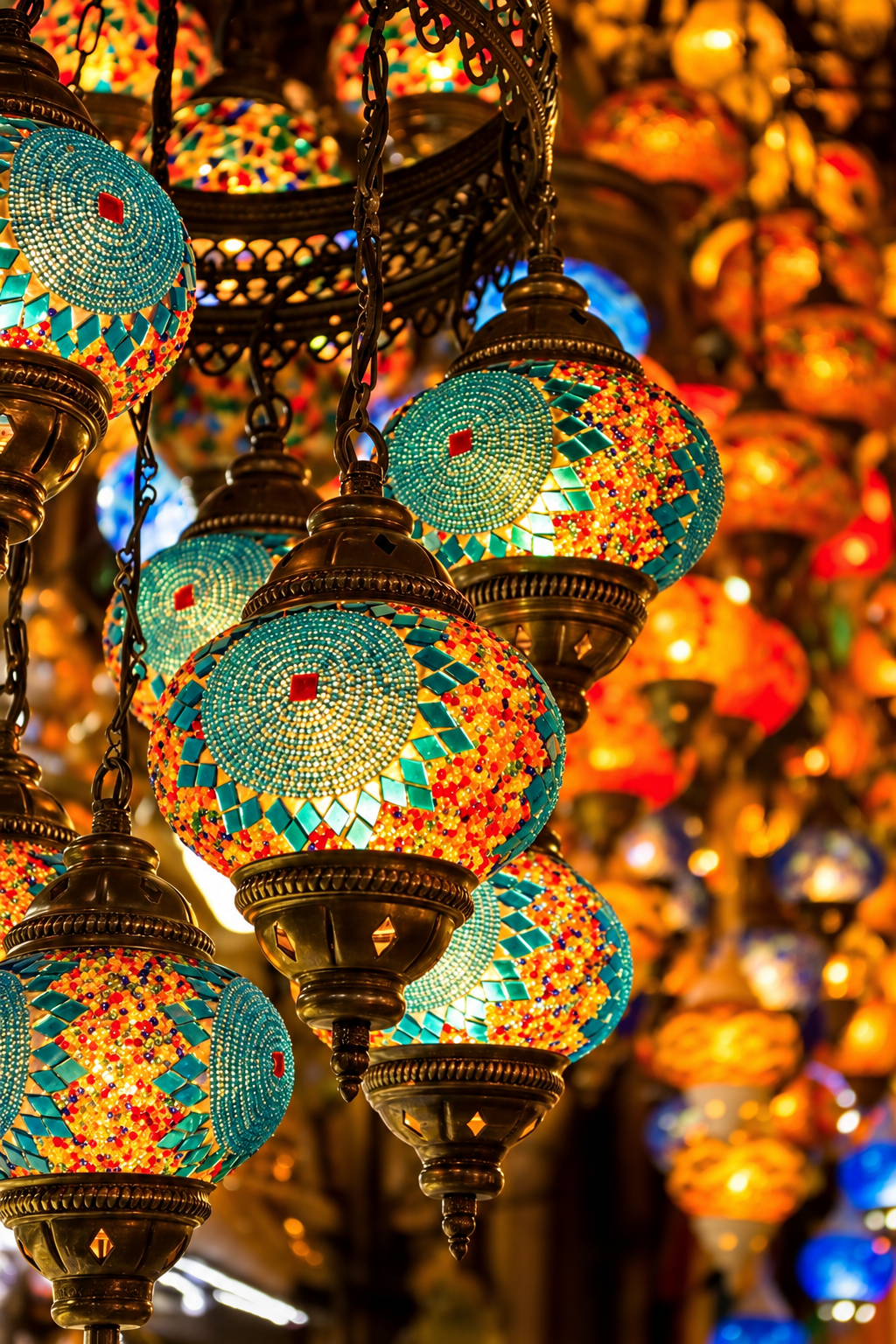 Lanternes en mosaïque turquoise, orange et or, suspendues dans une lumière chaleureuse.