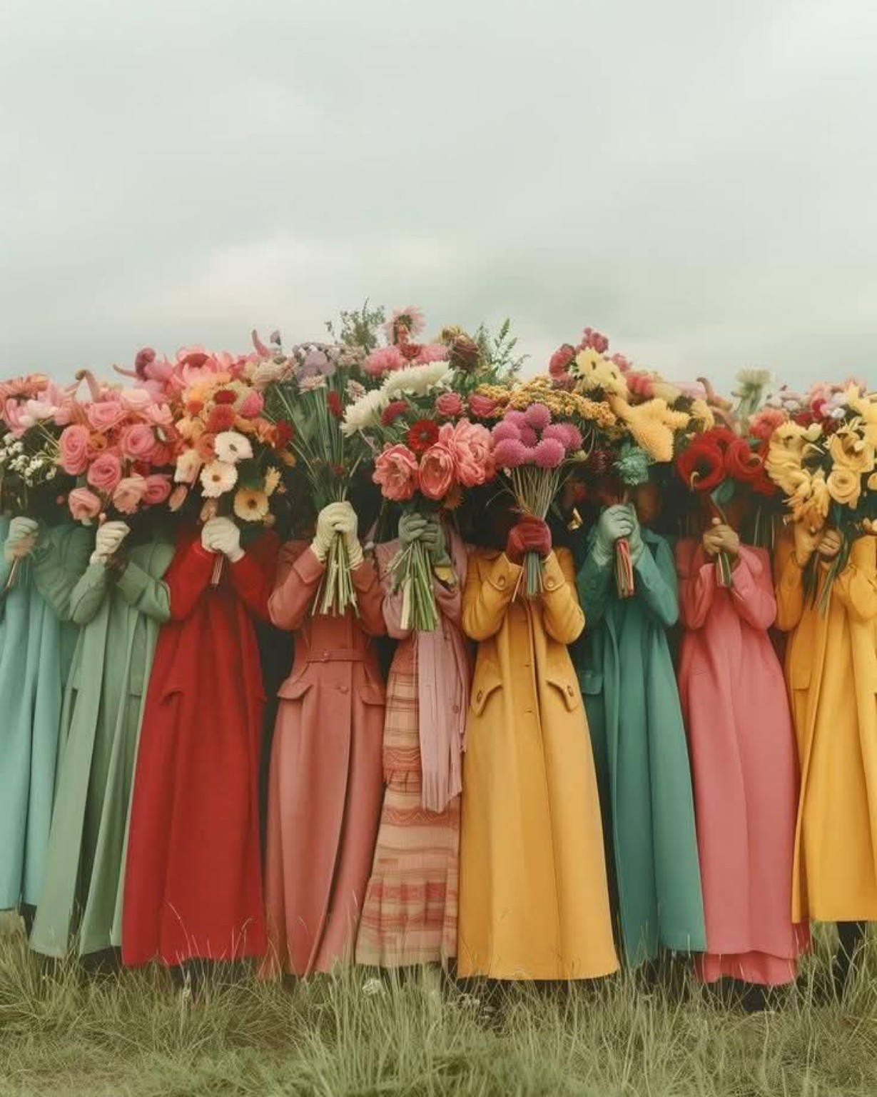 Un groupe en manteaux colorés tient de grands bouquets de fleurs devant les visages.