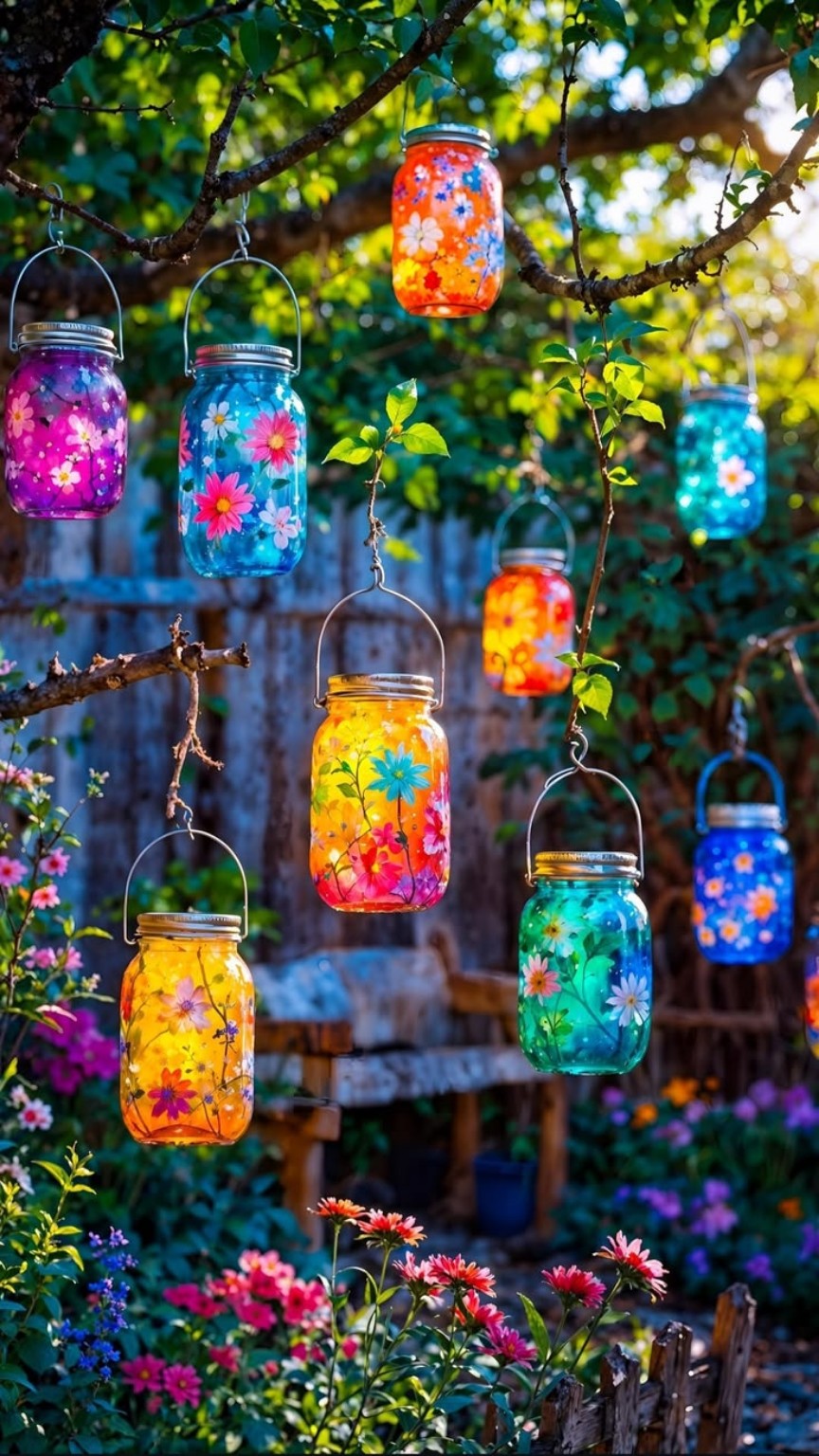 Bocaux peints de fleurs, roses, orange, jaunes et turquoise, suspendus aux branches d’un arbre.
