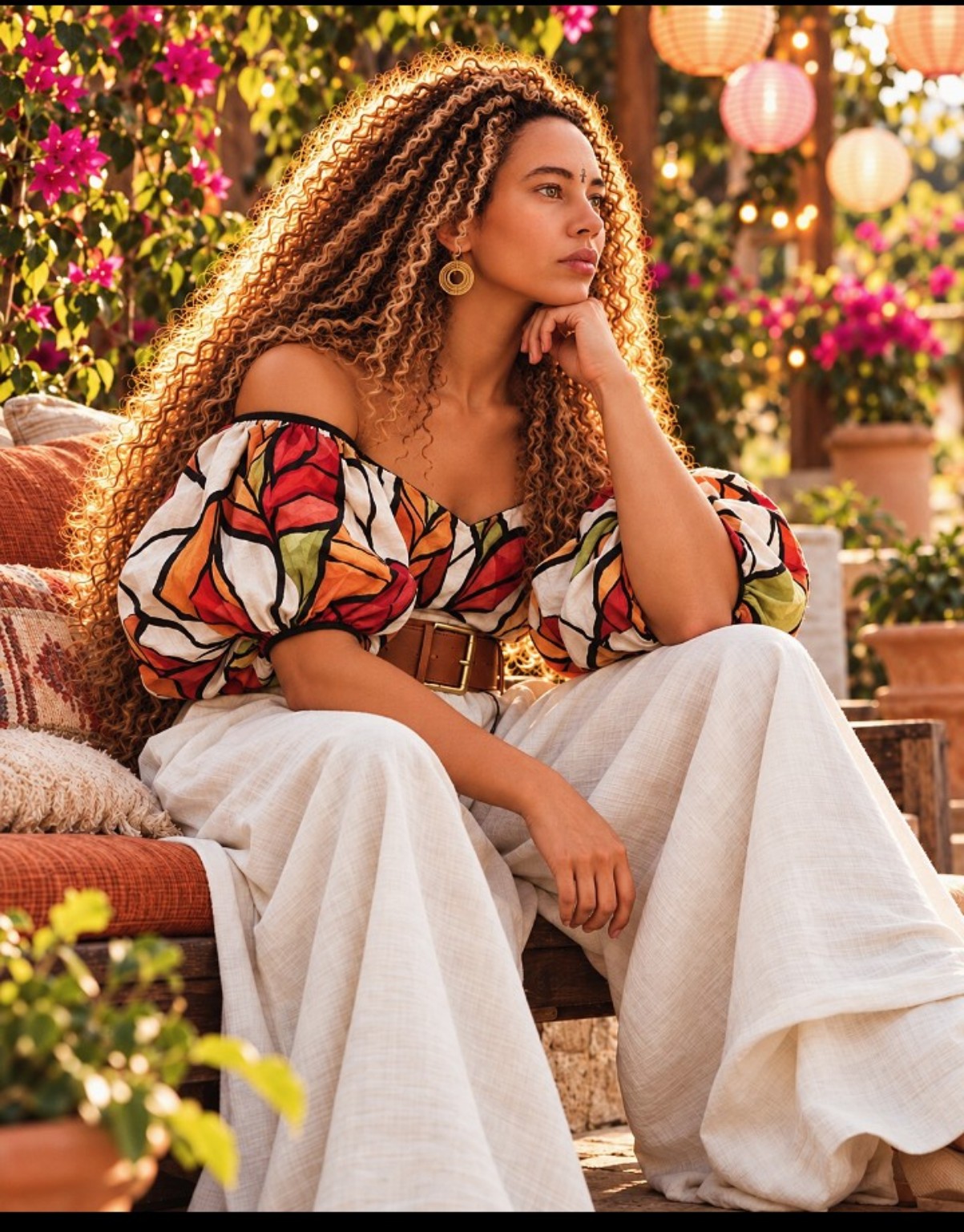 Eva Durand dans un jardin fleuri, vêtue d’un haut coloré et d’un pantalon blanc.