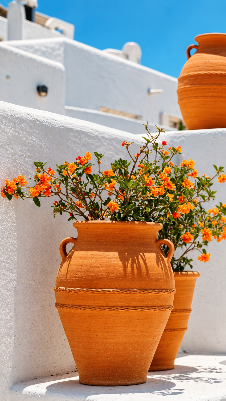 Pots orange fleuris devant des murs blancs sous un ciel bleu turquoise.