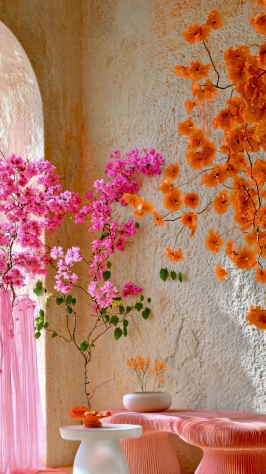 Fleurs roses et orange dans un intérieur aux murs texturés, avec un banc rose sculptural.