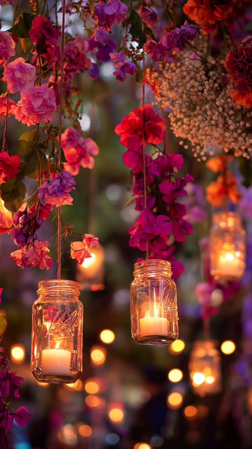 Bougies dans des bocaux suspendus au milieu de fleurs roses, violettes et orange.