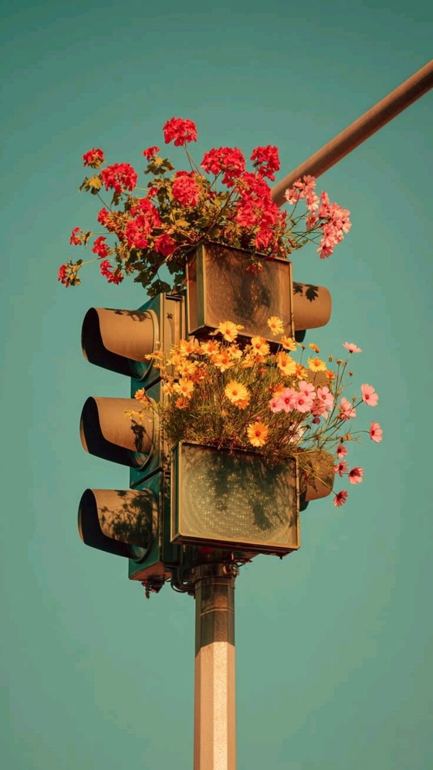 Un feu de circulation rempli de fleurs rouges, jaunes et roses sous un ciel turquoise.