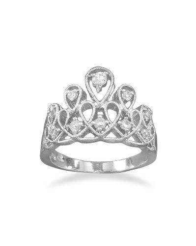 Rhodium Plated Tiara Design CZ Ring