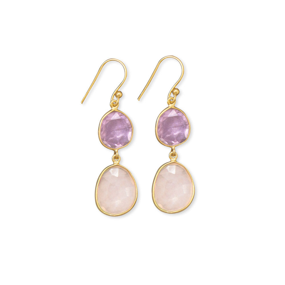 14K Gold Plated Quartz and Amethyst Drop Earrings