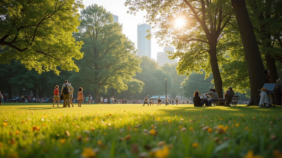 Eye-level view of a vibrant city park with people enjoying the outdoors
