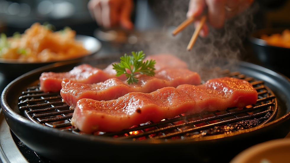 Eye-level view of a traditional Korean barbecue setup with sizzling meat