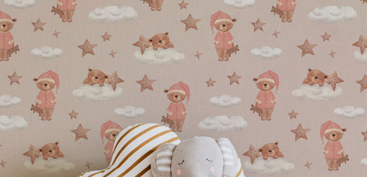 Pink Watercolor Teddy Bears Sleeping on Clouds with Stars - Small