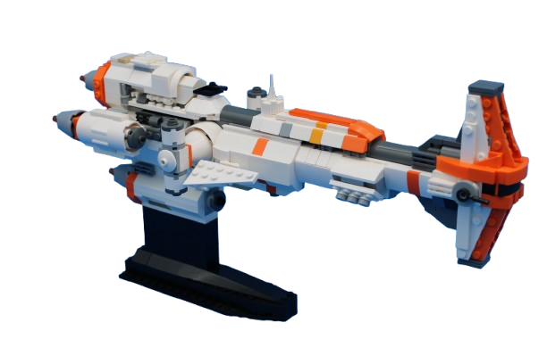 White and orange Lego spaceship model on display with black stand.