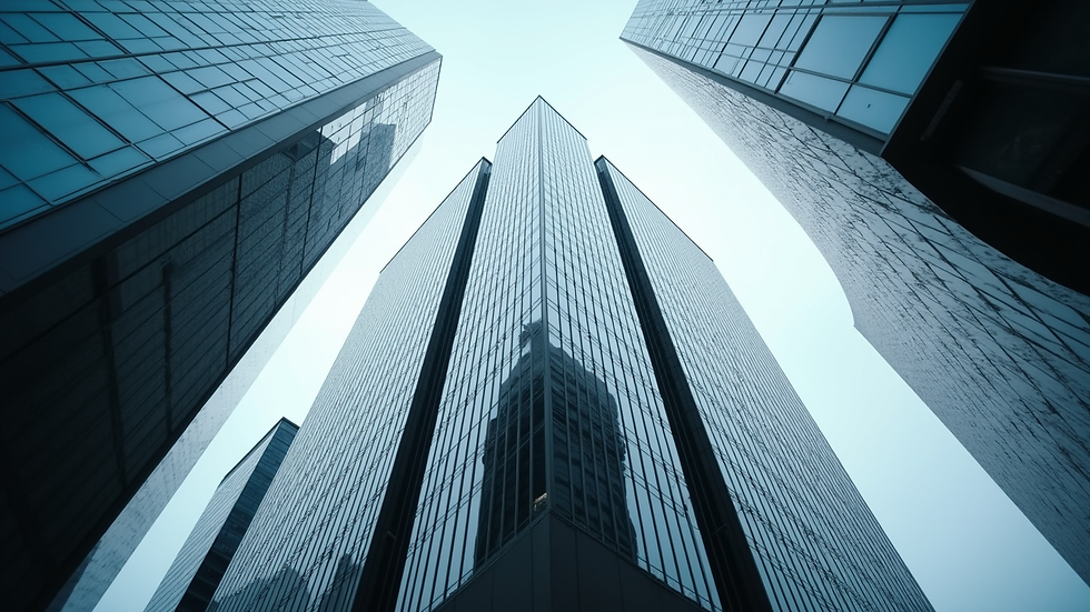 Eye-level view of a commercial office building in a business district