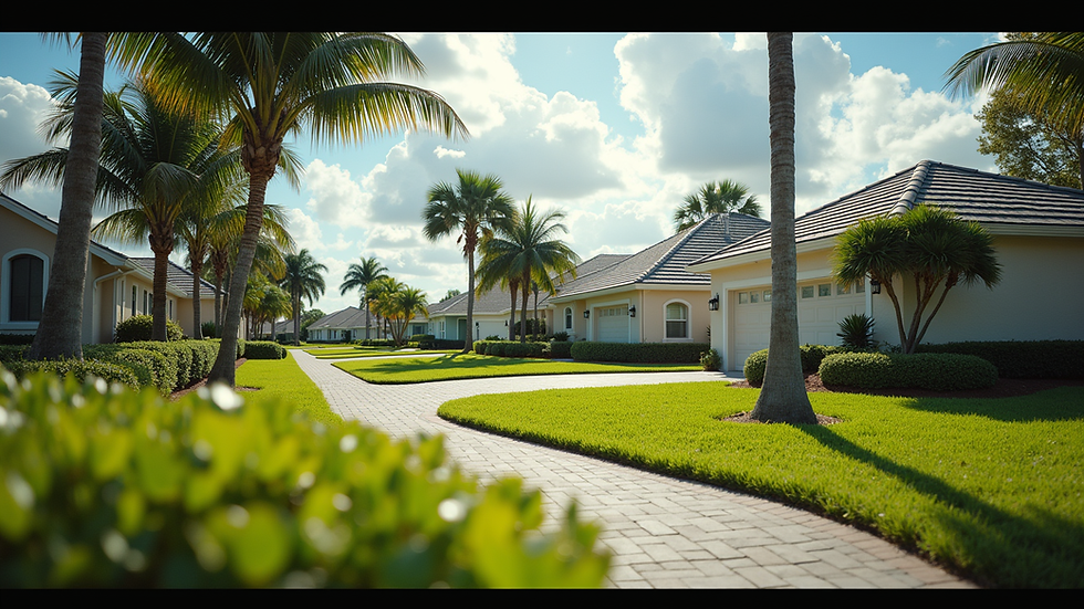 High angle view of a suburban neighborhood in Florida with houses and green lawns
