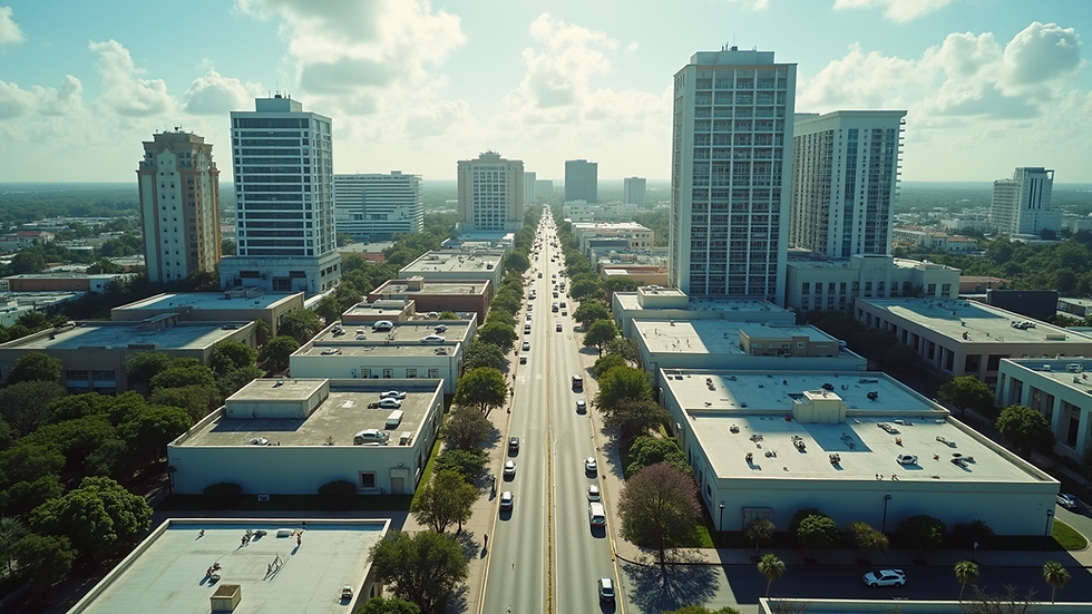 High angle view of a business district in Florida with various commercial buildings