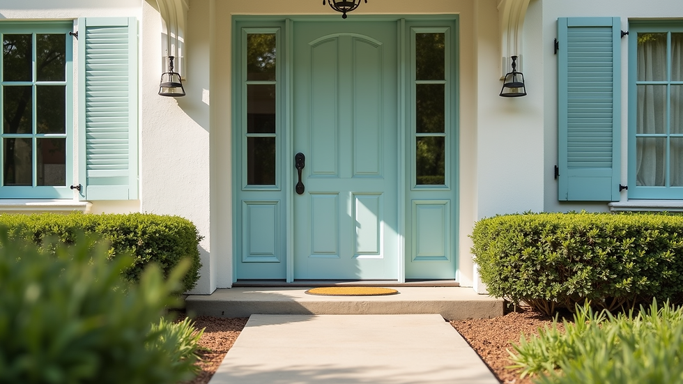 Close-up view of a freshly painted front door with clean landscaping