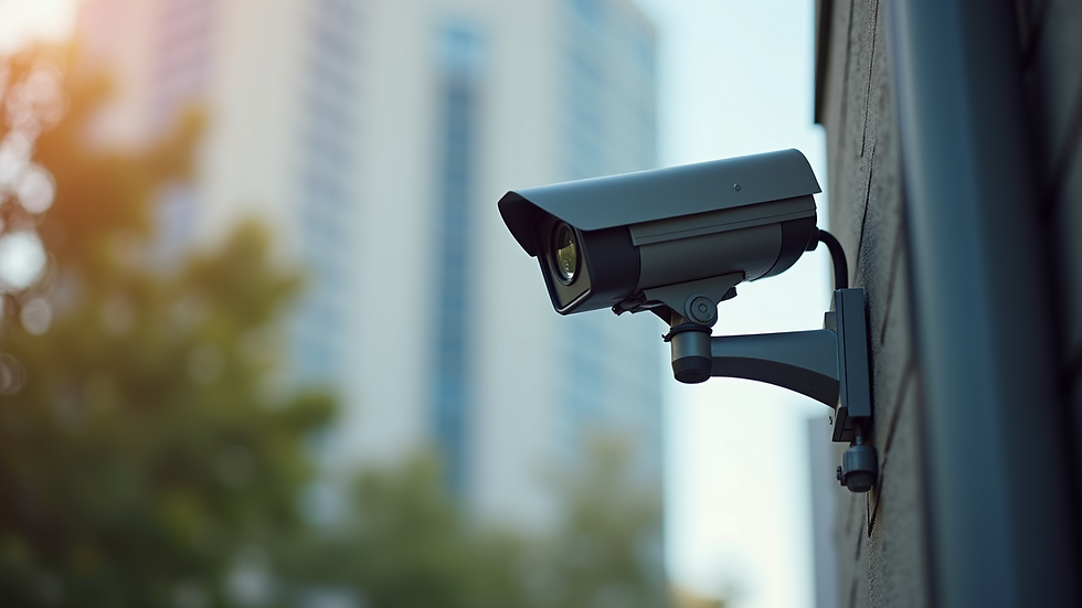 Close-up view of a security camera mounted on a building corner
