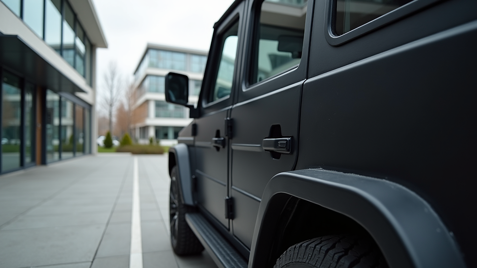 Close-up view of a black armored vehicle parked outside a modern building