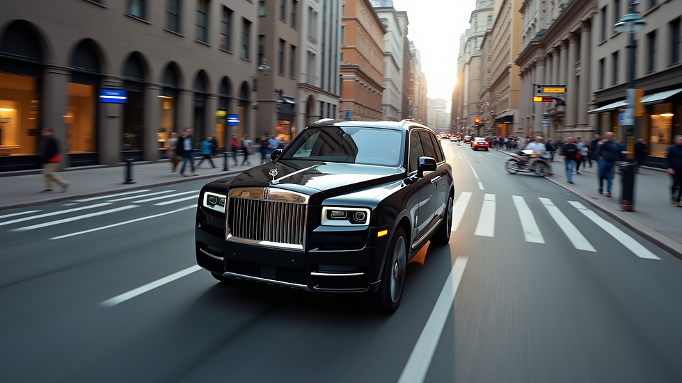 High angle view of a luxury black SUV driving on a city street