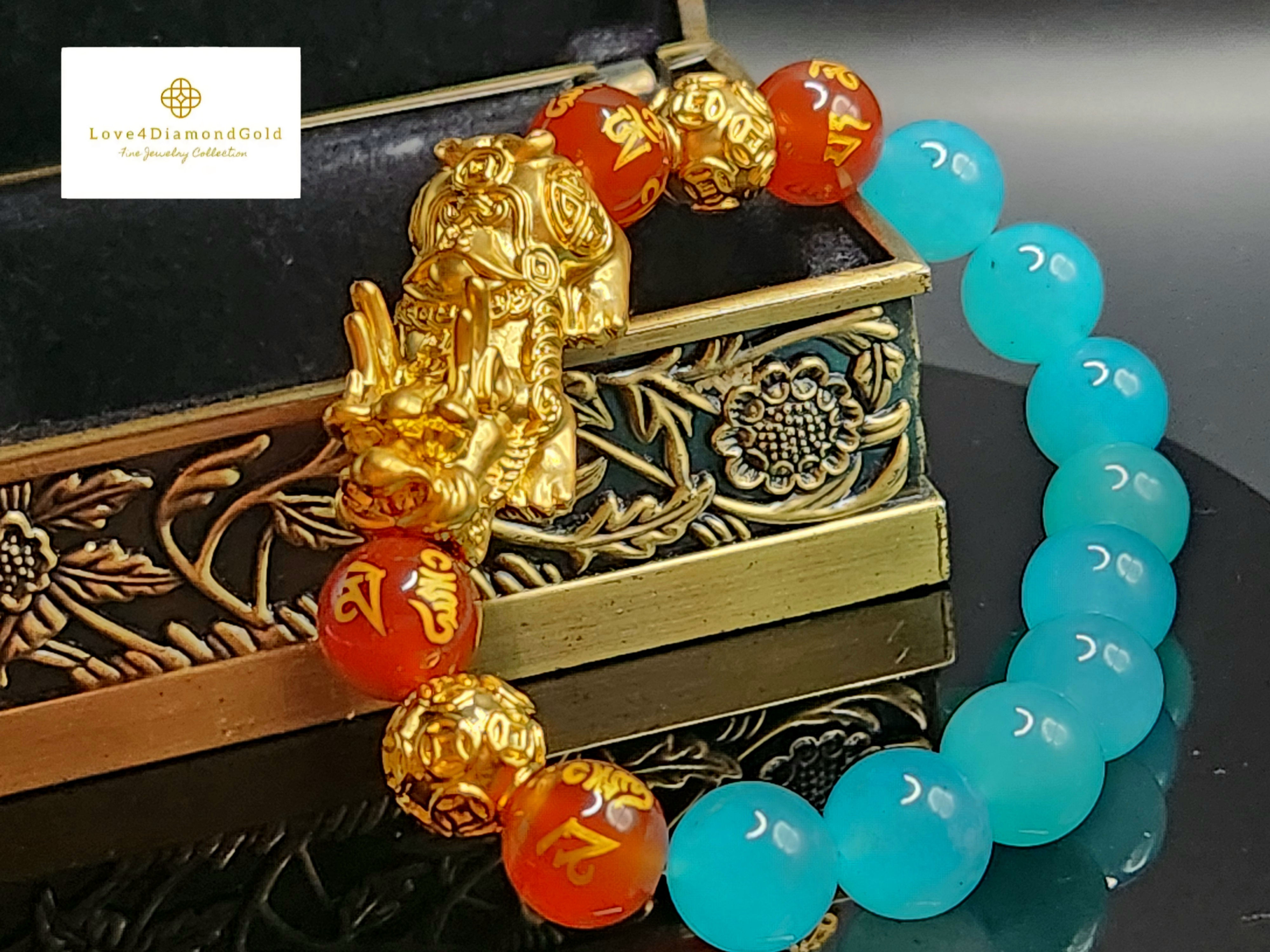 Genuine 18K Gold Pixiu Bracelet : Amazonite & Agate