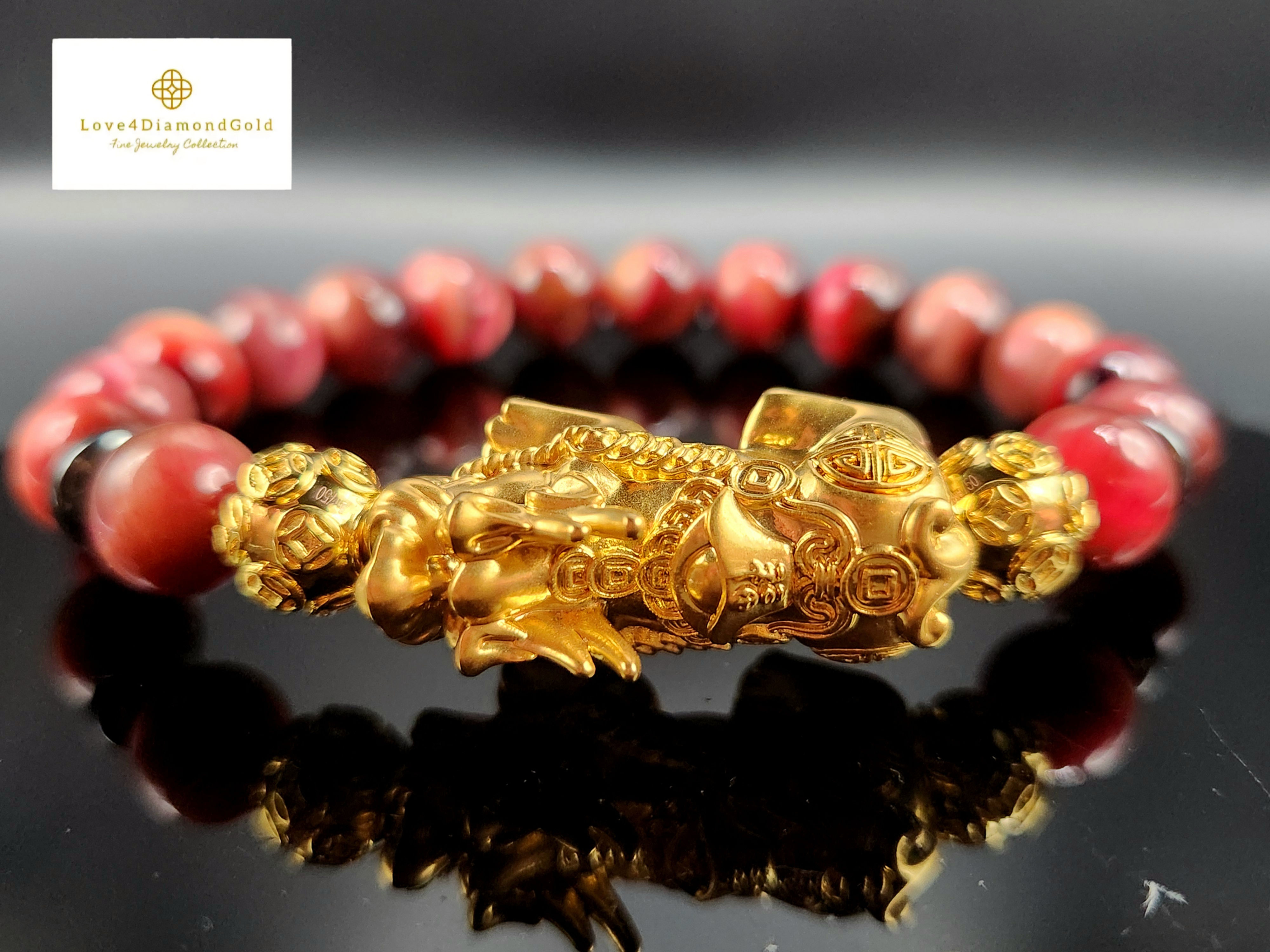 Genuine 18K Gold Pixiu Bracelet : Tiger's Eye Stone