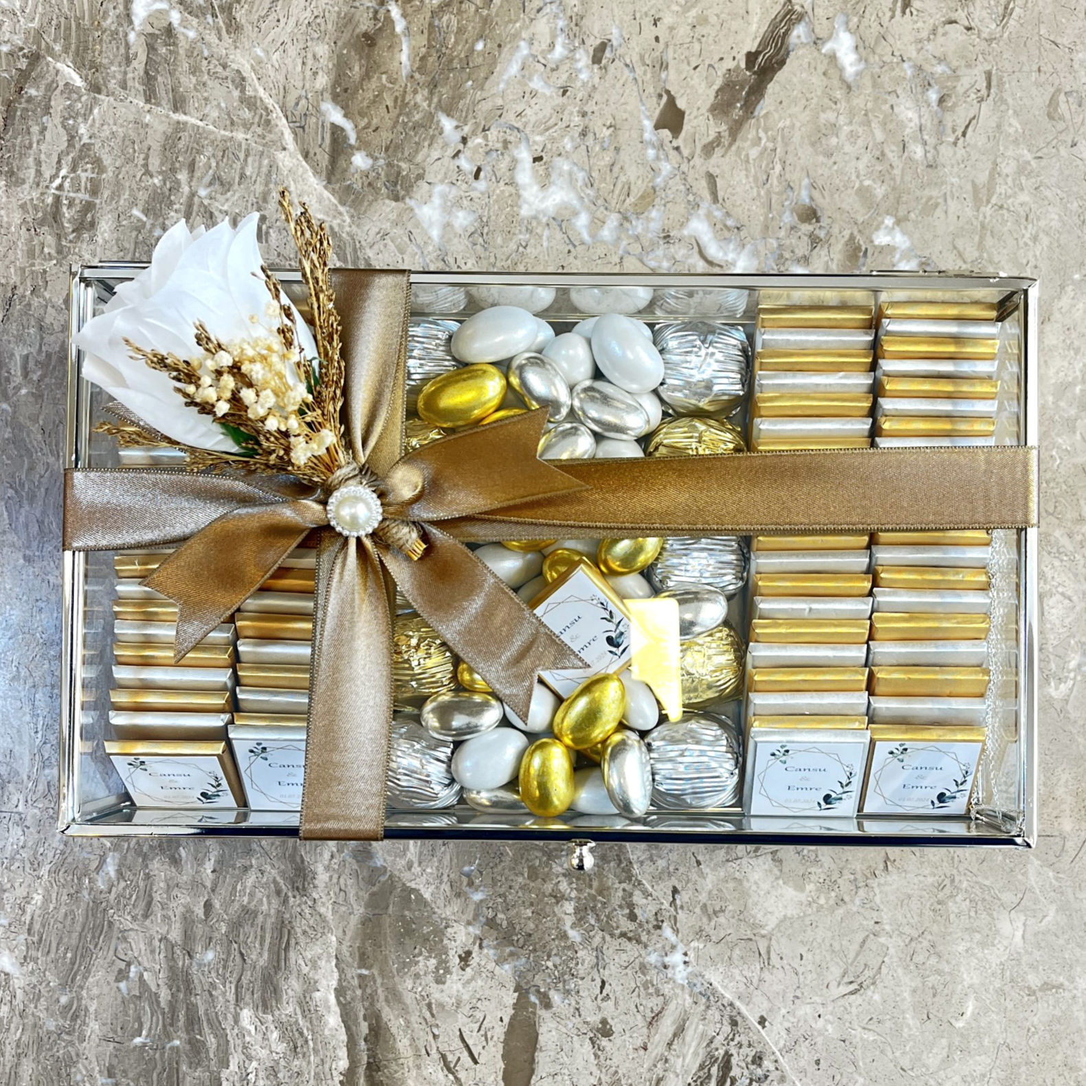 Işıltılı Aşk Cam Kutu İsimli Çikolata  80 adet Madlen -Söz, Nişan, İsteme 1