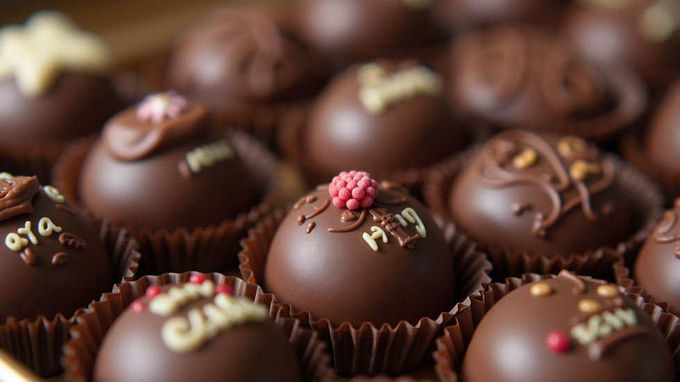Close-up view of personalized chocolates with names and decorative elements