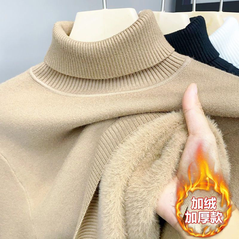 Thumbnail: Winter Sweater Men's Plus Velvet Thickened Lapel Neck Knitted Sweaters Solid Col
