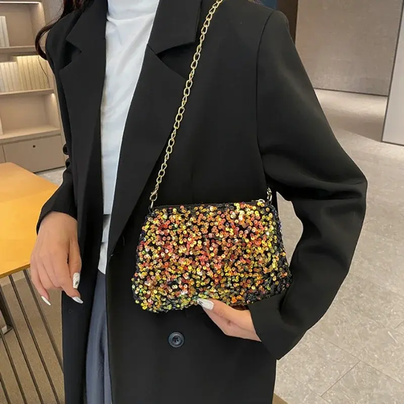 Sequins Crossbody Chain Bag Simple INS Solid Color Sequins Shoulder Bag Underarm