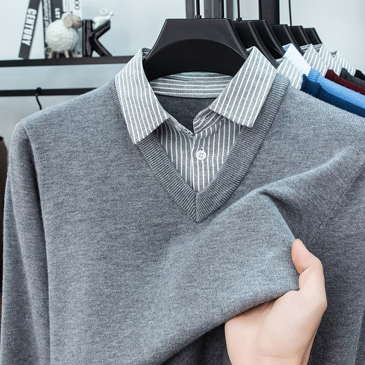 Thumbnail: ​​Men's Shirt Collar Knit Sweater - Light Blue (6 Colors)  Faux Two-Layer De
