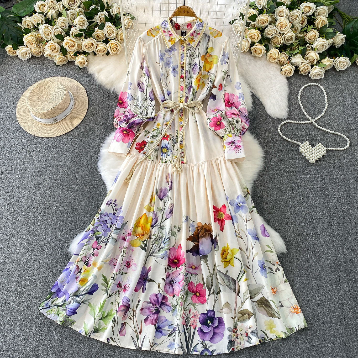 French Vacation Style Sweet Floral Print Dress Single Breasted Slim Waist Lanter