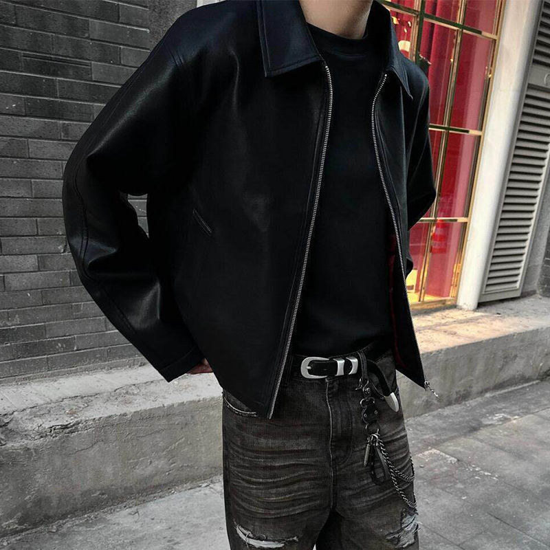 Thumbnail: Trendy Zip-up Turn-down Collar PU Leather Coat Men Clothing Classic Solid Color 