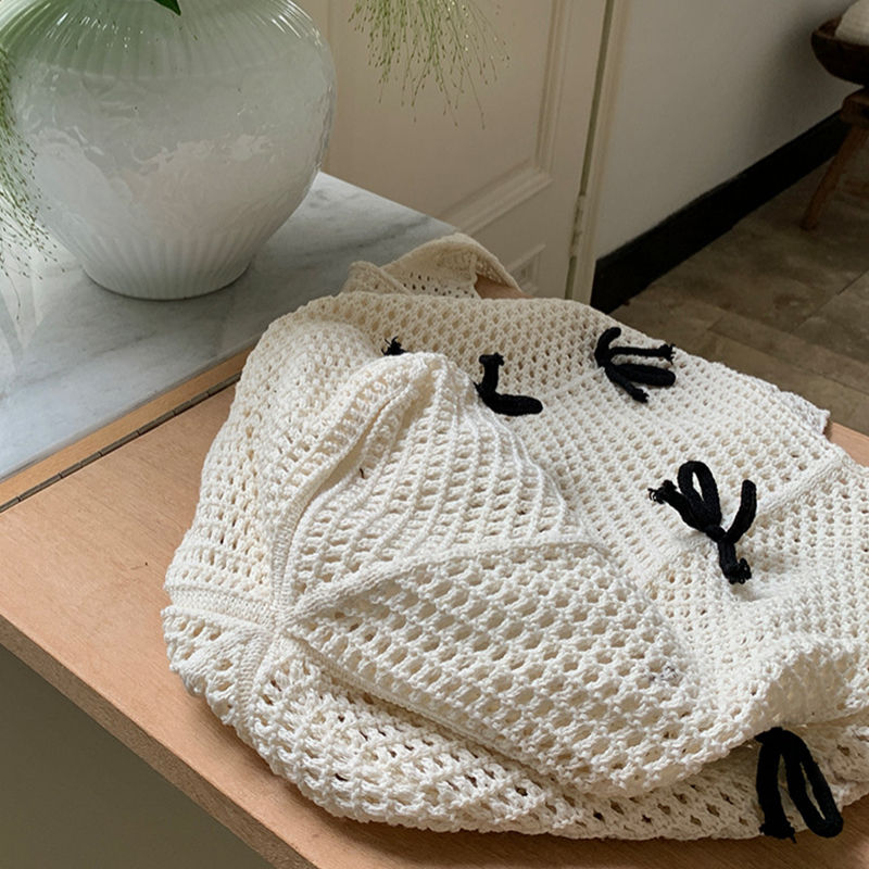 Thumbnail: Women Bow Crochet Tote Solid Color Multifunctional Knitted Bag Cute Aesthetic Ha